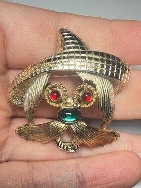 Fu Manchu Brooch Sombrero Man Mustache Rhinestone Eyes Vintage **RARE**